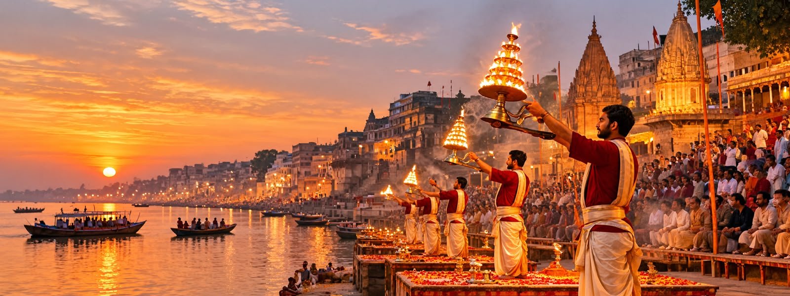 Ganga Aarti and the Varanasi ghats at sunset