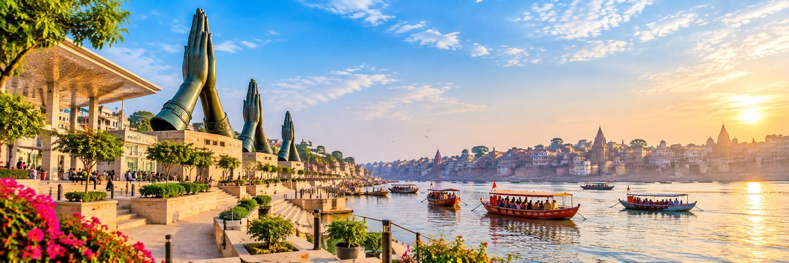 Boats and historic ghats along the Ganges in Varanasi